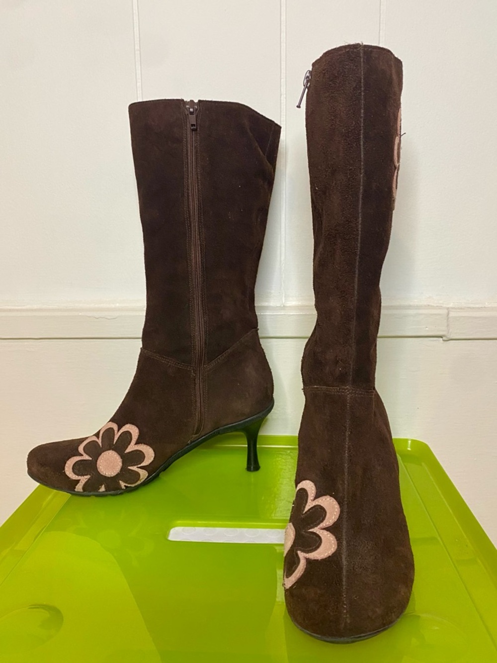 Brown Suede tall Boots with Pink Floral Appliqué + kitten heel and round toe - Picture 2 of 6